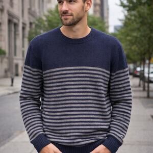 Saks Fifth Avenue SZ M Pure Cashmere Striped Sweater Made In Italy Navy & Gray